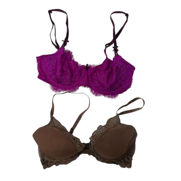 Victoria's Secret Magenta Lace Bra & Natori Brown Mesh & Lace Bra Size 34C - Picture 1 of 13